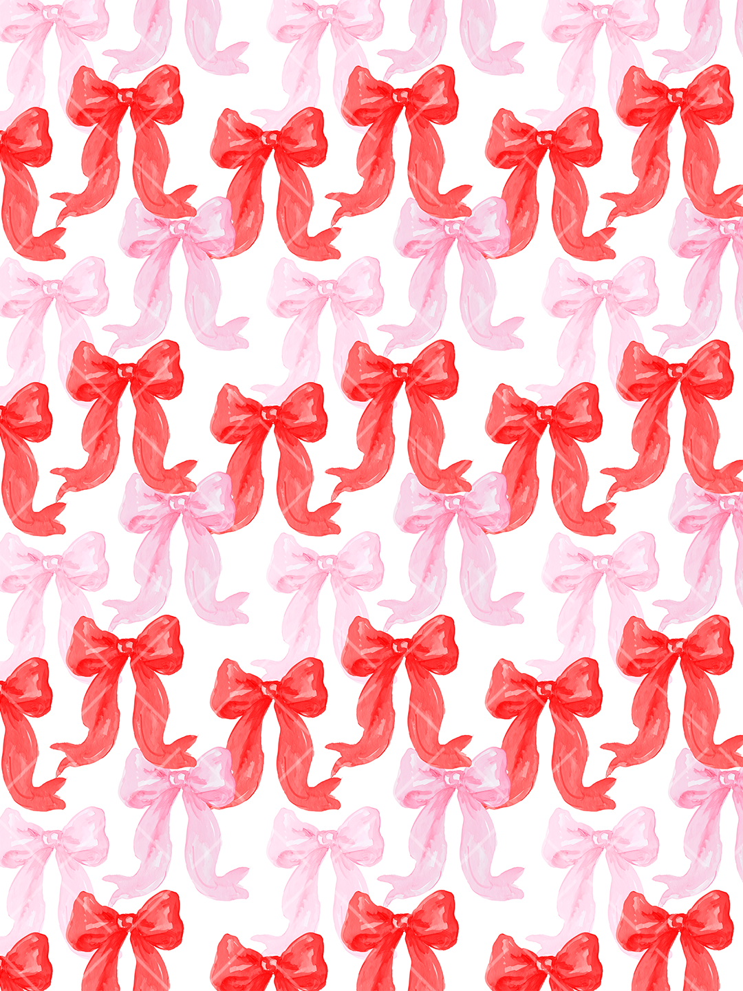 Seamless watercolor pattern of red and soft pink ribbon bows arranged on a white background