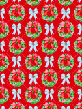 Red seamless Christmas pattern with needlepoint-style green wreaths, large red bows, pale blue gingham bows, and a diamond lattice background.