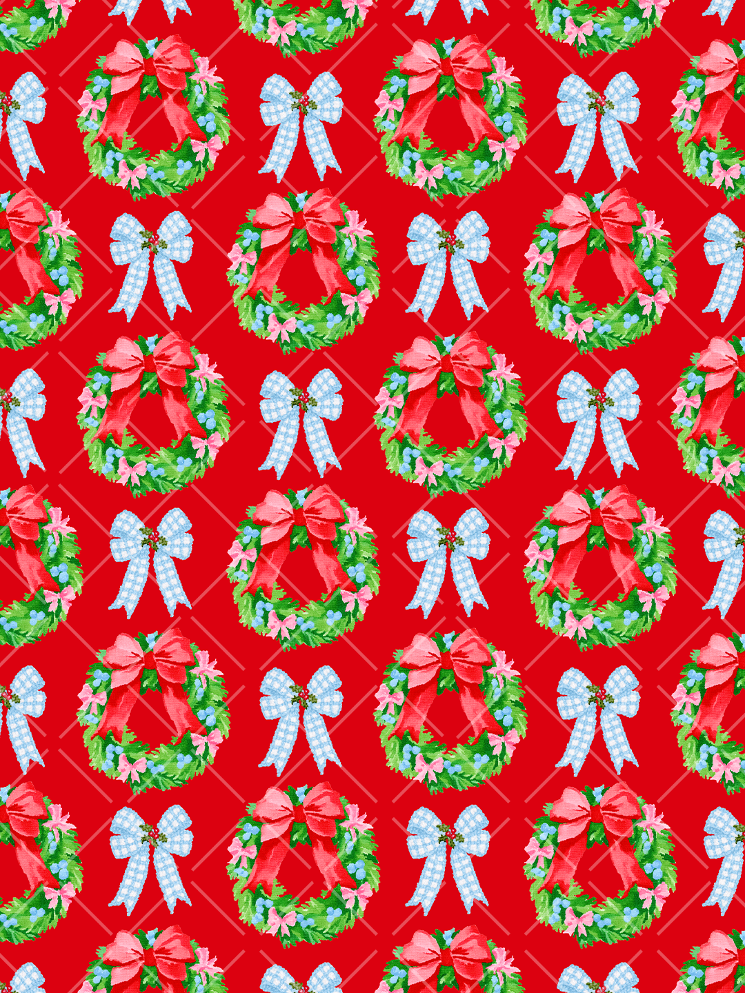 Red seamless Christmas pattern with needlepoint-style green wreaths, large red bows, pale blue gingham bows, and a diamond lattice background.