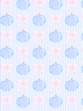 Watercolor seamless pattern of blue pumpkins and flowing pink bows arranged over pale blue and white vertical stripes.