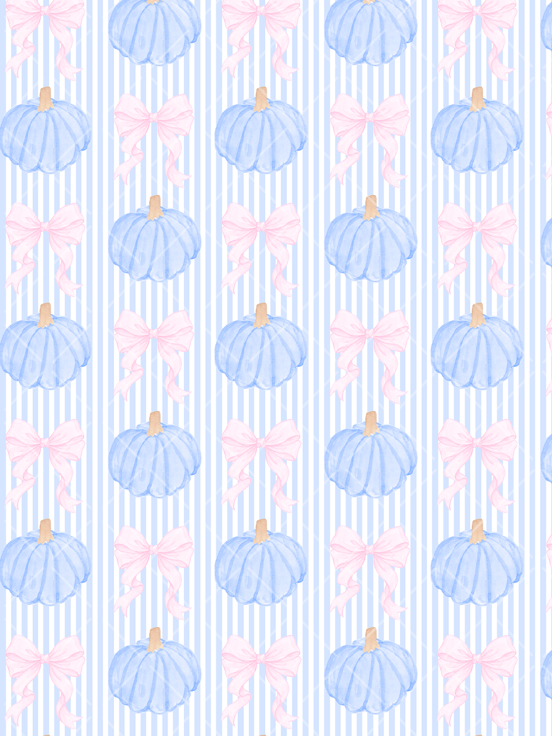 Watercolor seamless pattern of blue pumpkins and flowing pink bows arranged over pale blue and white vertical stripes.