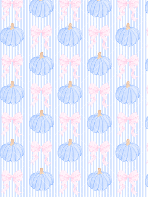Watercolor seamless pattern of blue pumpkins and flowing pink bows arranged over pale blue and white vertical stripes.