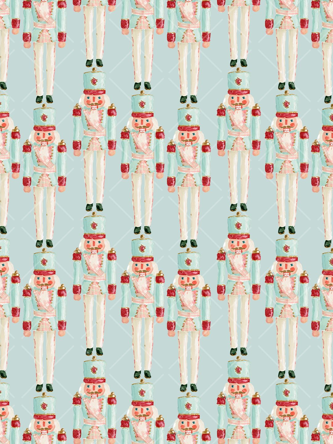 Watercolor nutcrackers in mint, cream, pink, and red repeated on a pale mint diamond-patterned background.