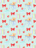 Watercolor back-to-school seamless pattern with red apples and bows, pastel pencils, desks, backpacks, and books on a mint argyle background.