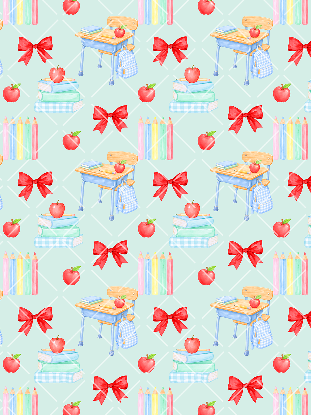 Watercolor back-to-school seamless pattern with red apples and bows, pastel pencils, desks, backpacks, and books on a mint argyle background.