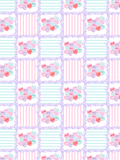 Watercolor seamless Valentine pattern with pastel conversation heart clusters, pink and mint stripes, and lavender leafy patchwork borders
