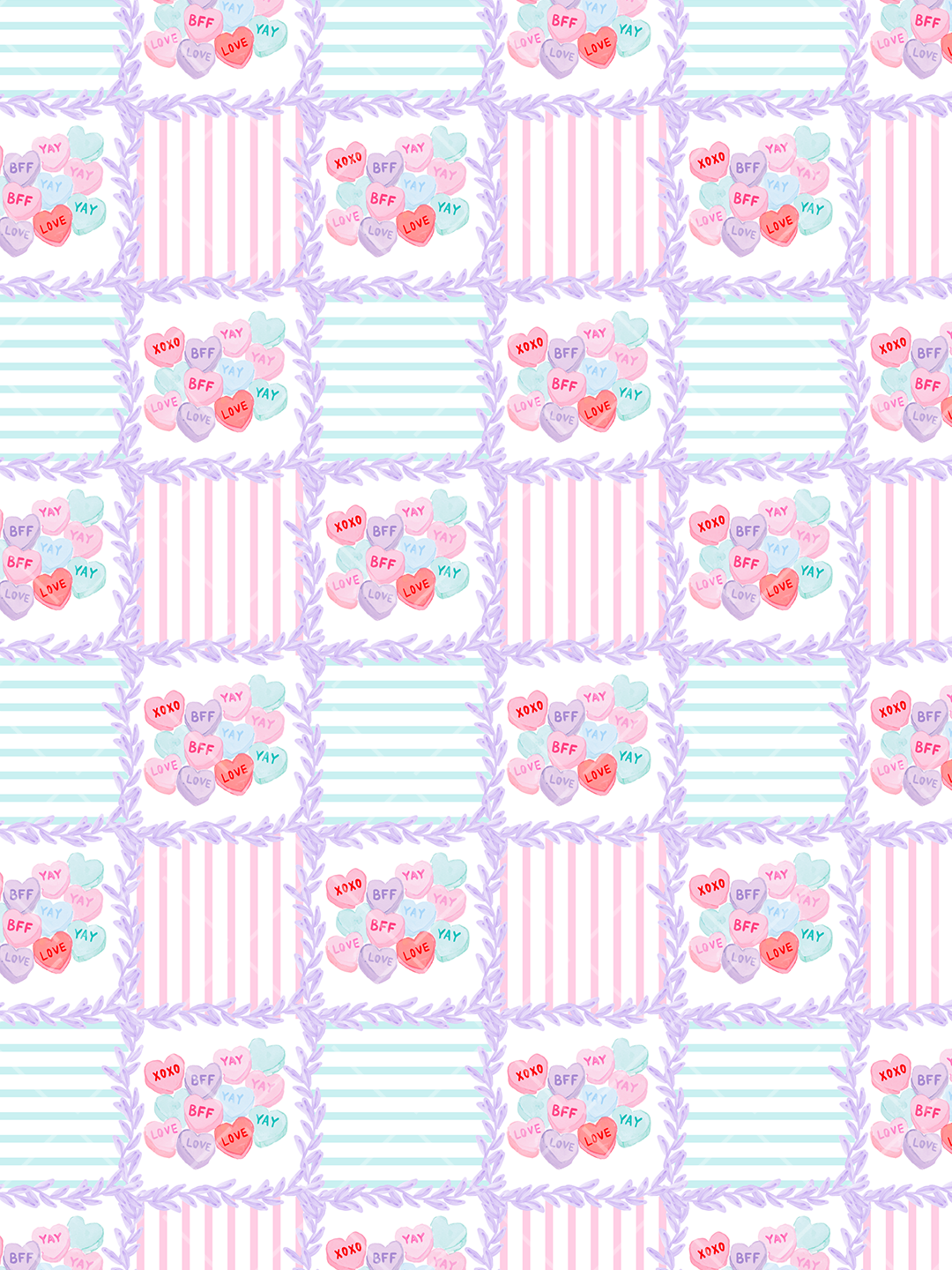 Watercolor seamless Valentine pattern with pastel conversation heart clusters, pink and mint stripes, and lavender leafy patchwork borders