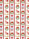 Needlepoint-inspired Christmas seamless pattern with rocking horses, bow-topped wreaths, stacked gifts, and red stripes on white.