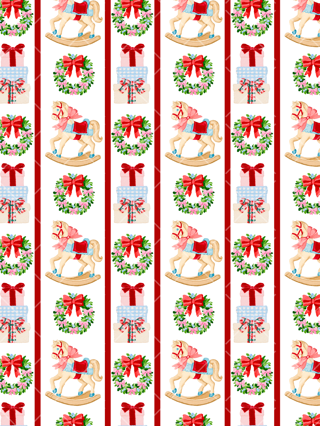 Needlepoint-inspired Christmas seamless pattern with rocking horses, bow-topped wreaths, stacked gifts, and red stripes on white.