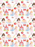 Watercolor seamless pattern with schoolgirls in pink and blue dresses, red apples, book stacks, pencils, bows, and red schoolhouses on white.