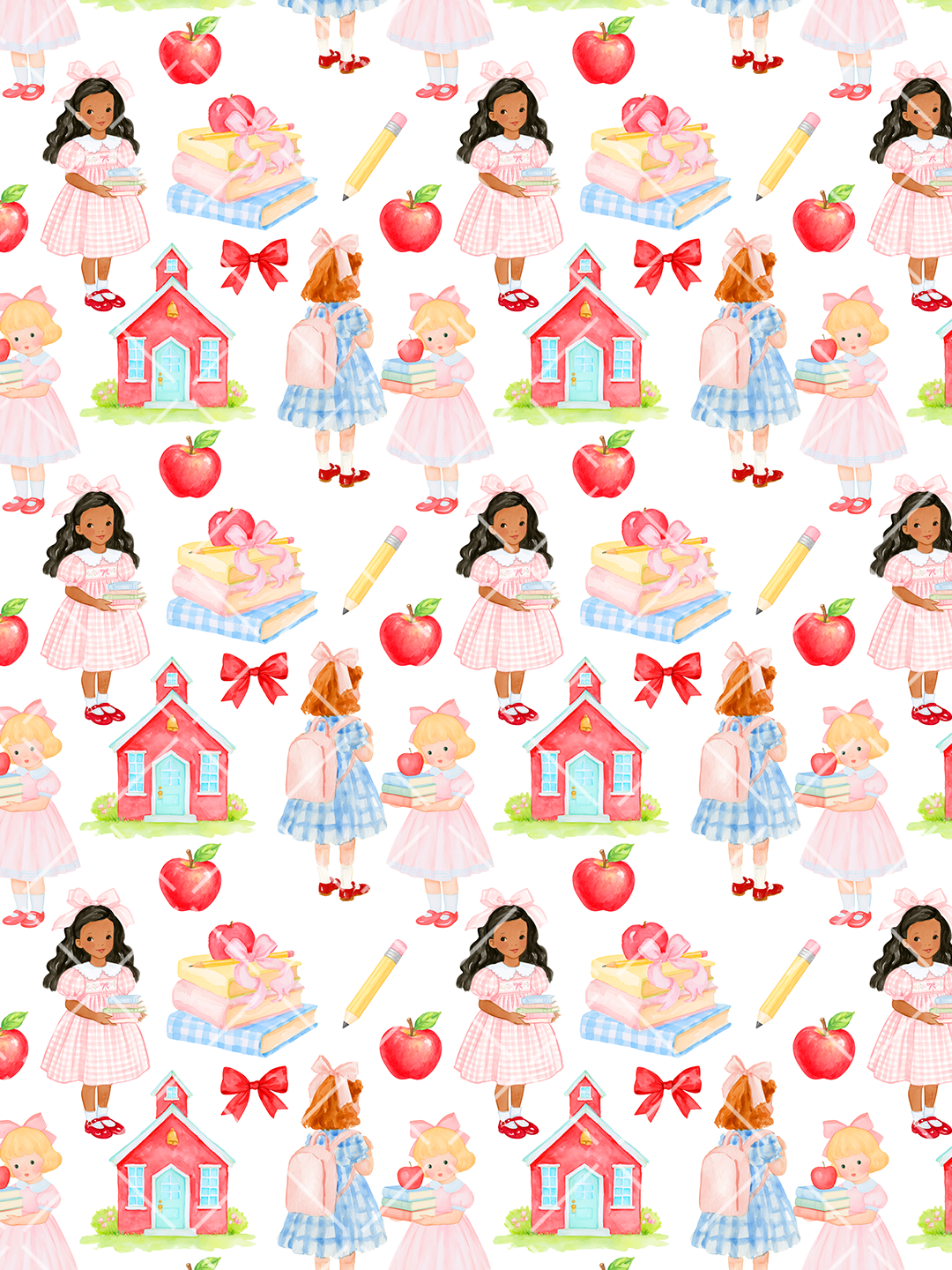 Watercolor seamless pattern with schoolgirls in pink and blue dresses, red apples, book stacks, pencils, bows, and red schoolhouses on white.