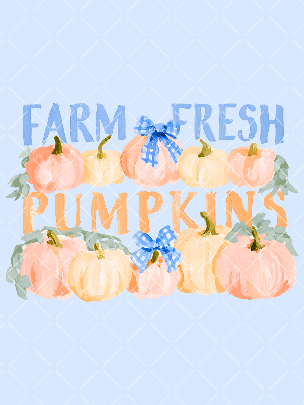 Watercolor Farm Fresh Pumpkins lettering design with peach and cream pumpkins, blue gingham bows, and soft green leaves.