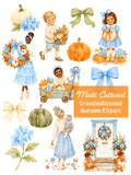 Watercolor autumn clipart collection with diverse children and families, blue bows and hydrangeas, orange pumpkins, a fall wreath, wagon and decorated doorway.