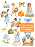 Watercolor autumn clipart collection with diverse children and families, blue bows and hydrangeas, orange pumpkins, a fall wreath, wagon and decorated doorway.