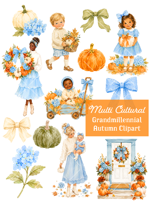 Watercolor autumn clipart collection with diverse children and families, blue bows and hydrangeas, orange pumpkins, a fall wreath, wagon and decorated doorway.