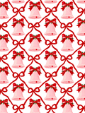 Seamless Christmas pattern with pink needlepoint-style bells, red velvet bows, greenery, and looping red ribbons on white.