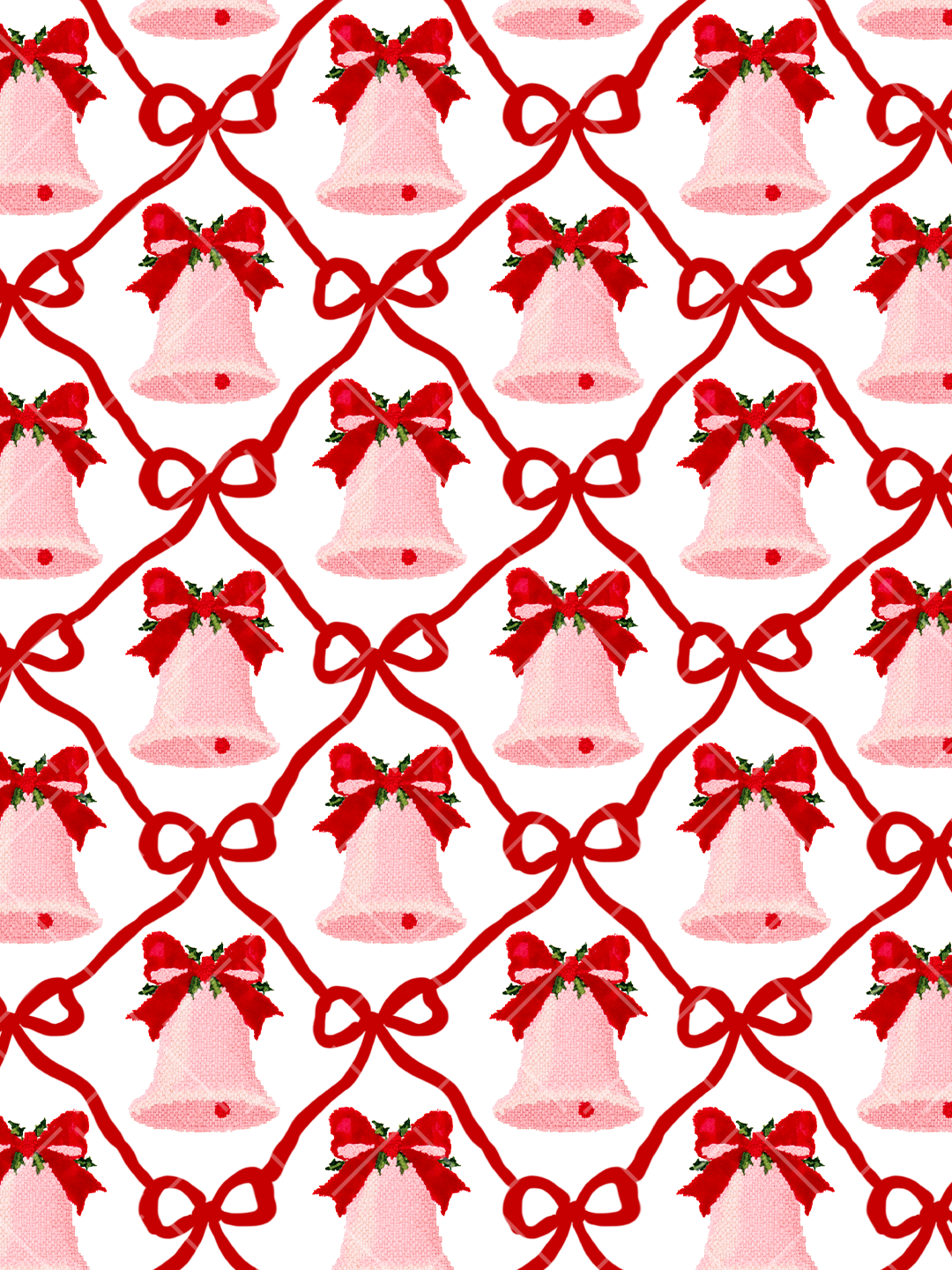 Seamless Christmas pattern with pink needlepoint-style bells, red velvet bows, greenery, and looping red ribbons on white.