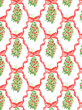 Watercolor seamless pattern of green mistletoe sprigs with red berries and flowing red ribbon bows on a white background.