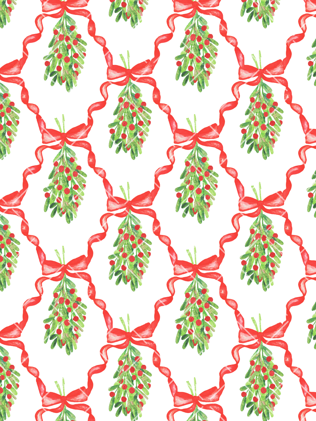 Watercolor seamless pattern of green mistletoe sprigs with red berries and flowing red ribbon bows on a white background.