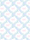 Watercolor seamless pattern with pale blue flowers, aqua-green leafy stems, and soft pink bows on a white background