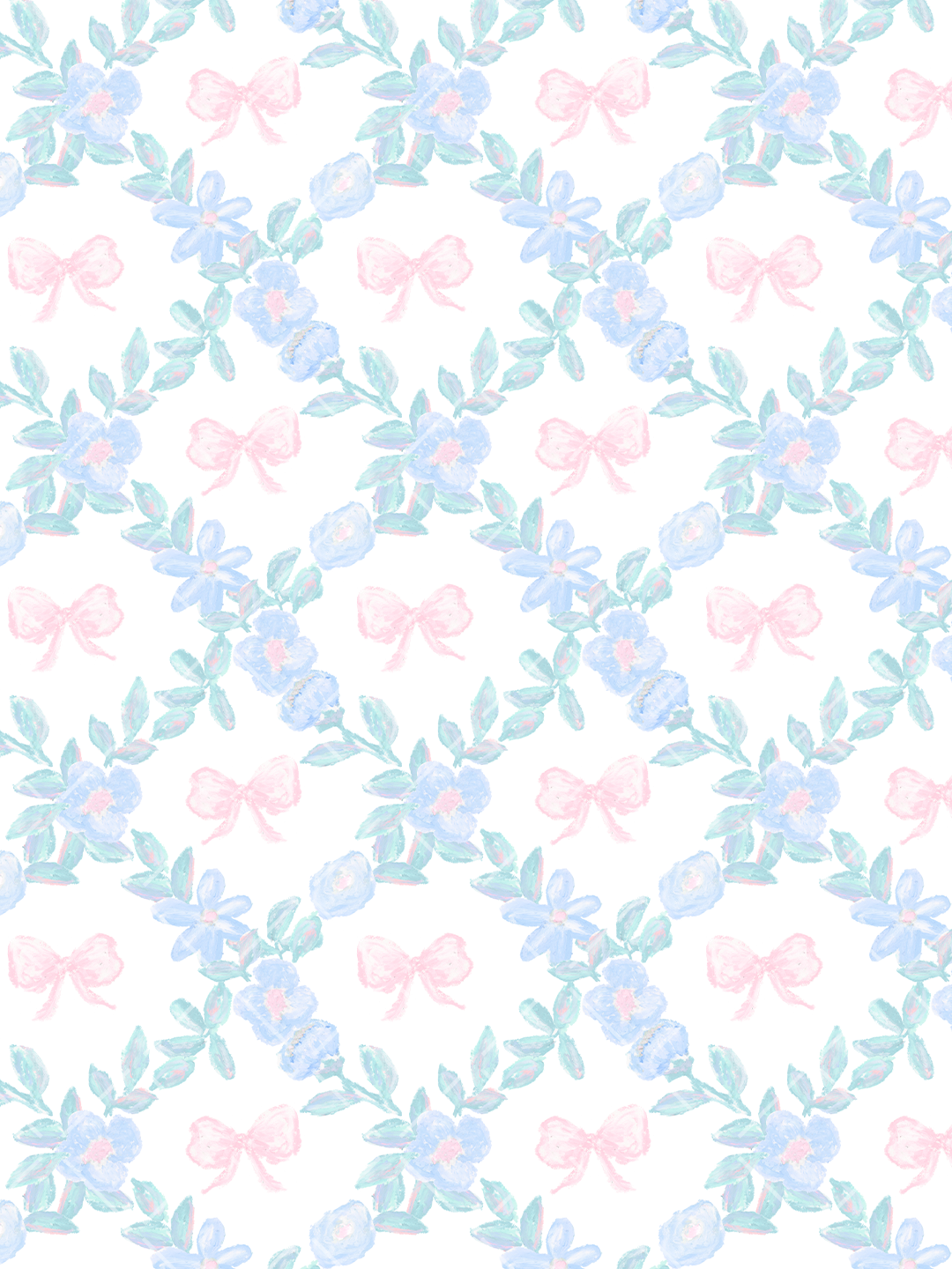Watercolor seamless pattern with pale blue flowers, aqua-green leafy stems, and soft pink bows on a white background