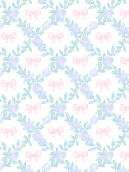 Watercolor seamless pattern with pale blue flowers, aqua-green leafy stems, and soft pink bows on a white background