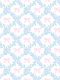Seamless watercolor pattern with pastel blue flowers, turquoise leafy sprigs, and pink bows on a white background