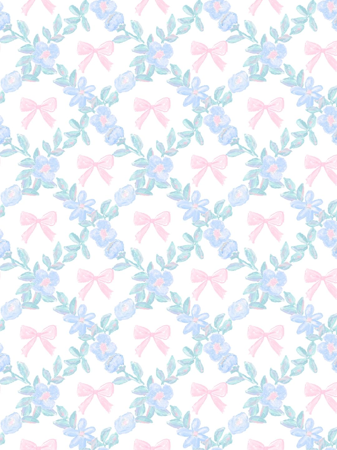 Seamless watercolor pattern with pastel blue flowers, turquoise leafy sprigs, and pink bows on a white background