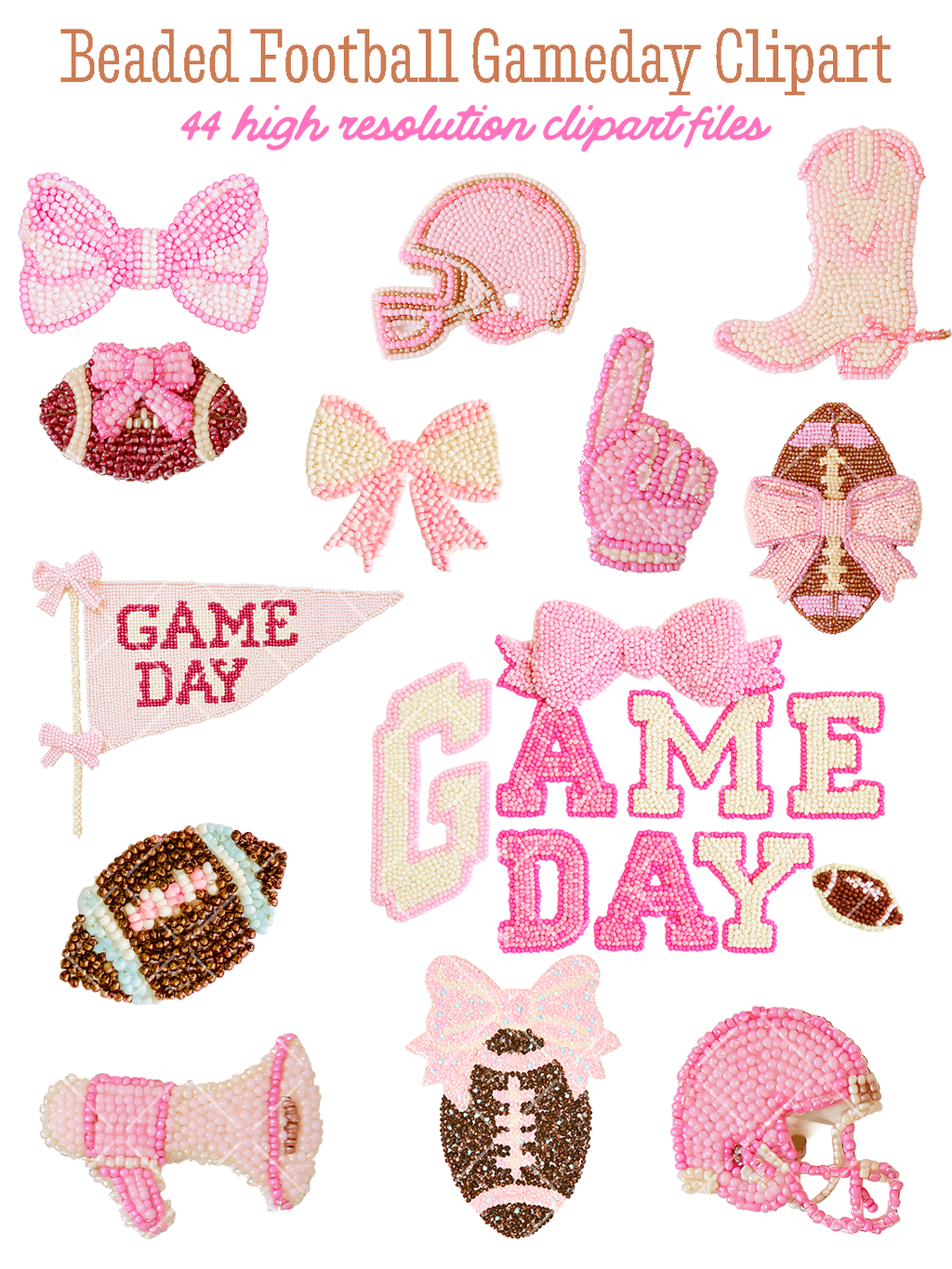 Pink beaded football gameday clipart with bows, helmets, footballs, a cowboy boot, foam finger, pennant, megaphone, and game day lettering.