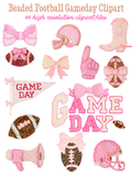 Pink beaded football gameday clipart with bows, helmets, footballs, a cowboy boot, foam finger, pennant, megaphone, and game day lettering.
