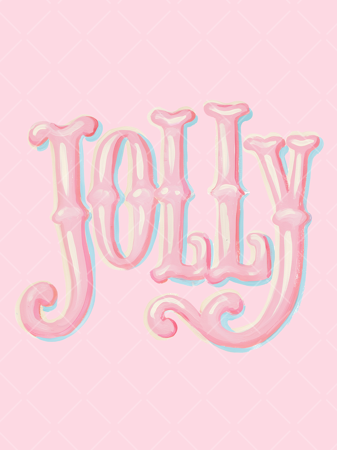 Pink hand-painted Jolly lettering with cream highlights, curled serifs, and bright blue shadow accents