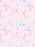 Watercolor seamless pattern of pastel floral, gingham, and striped bows on a soft pink diamond background