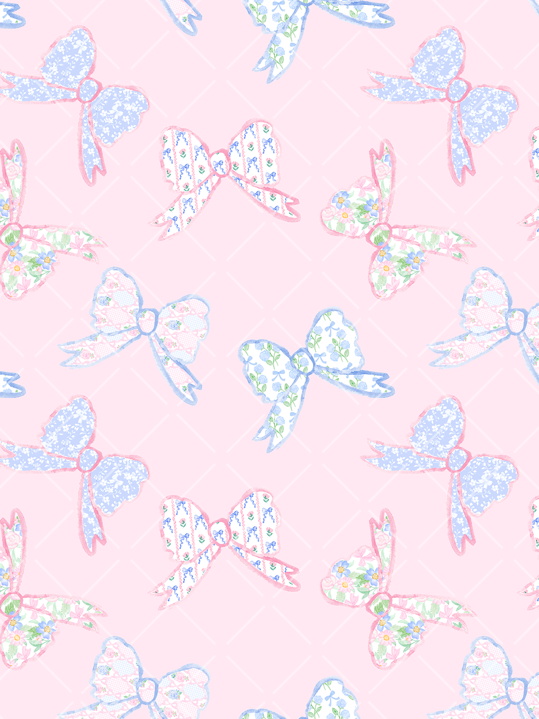 Watercolor seamless pattern of pastel floral, gingham, and striped bows on a soft pink diamond background