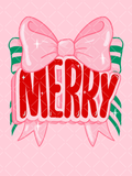 MERRY Christmas graphic with bold red lettering, an oversized glossy pink bow, green striped accents, ribbons, and white sparkles.
