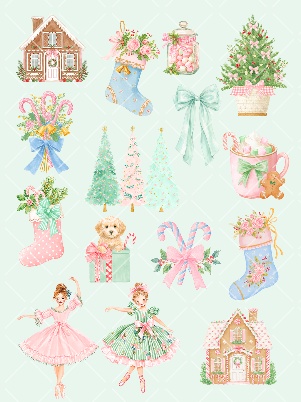 Pastel watercolor Christmas clipart featuring gingerbread houses, decorated trees, pink stockings, bows, candy canes, ballerinas, a puppy, and holiday treats.