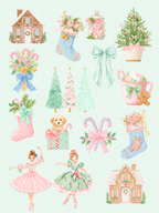 Pastel watercolor Christmas clipart featuring gingerbread houses, decorated trees, pink stockings, bows, candy canes, ballerinas, a puppy, and holiday treats.
