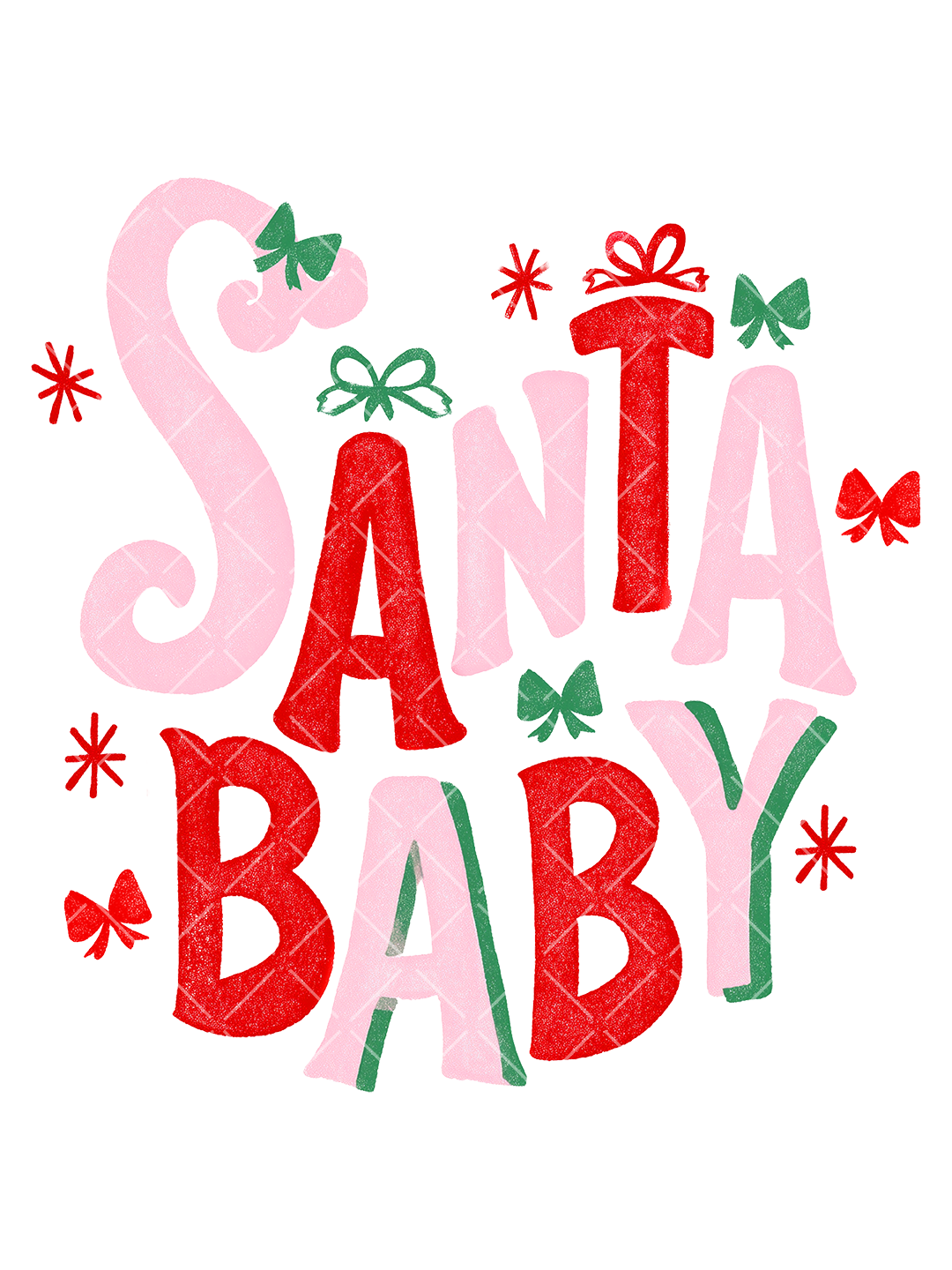 Santa Baby lettering in textured pink and red with green shadows, small bows, and red retro starbursts.