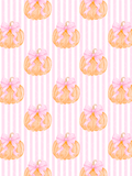 Watercolor orange pumpkins with oversized pink bows arranged over pink and white vertical stripes in a seamless fall pattern.
