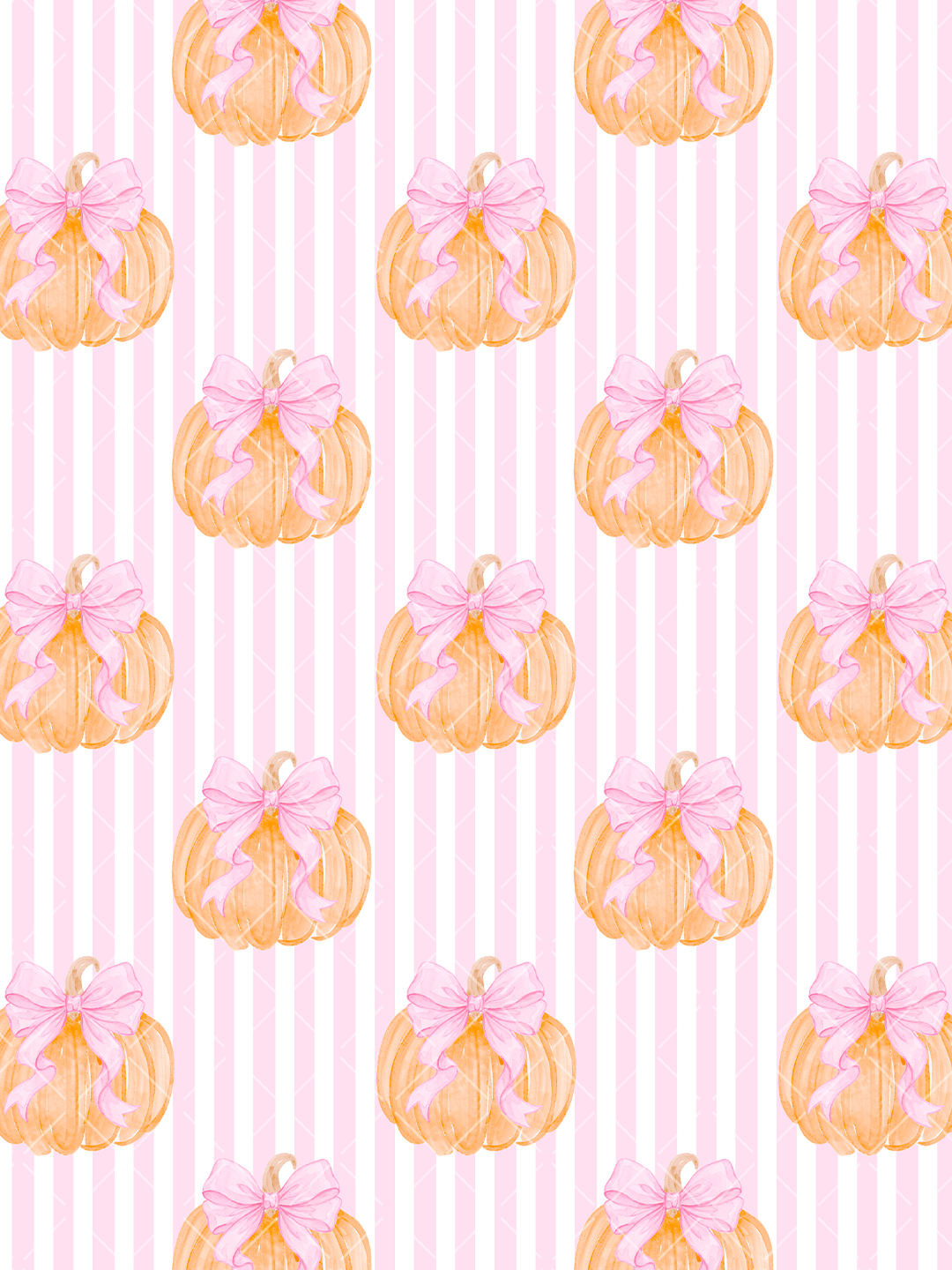 Watercolor orange pumpkins with oversized pink bows arranged over pink and white vertical stripes in a seamless fall pattern.