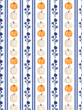 Watercolor seamless pattern with rows of orange and white pumpkins, blue floral vines, and blue stripes on a white background.