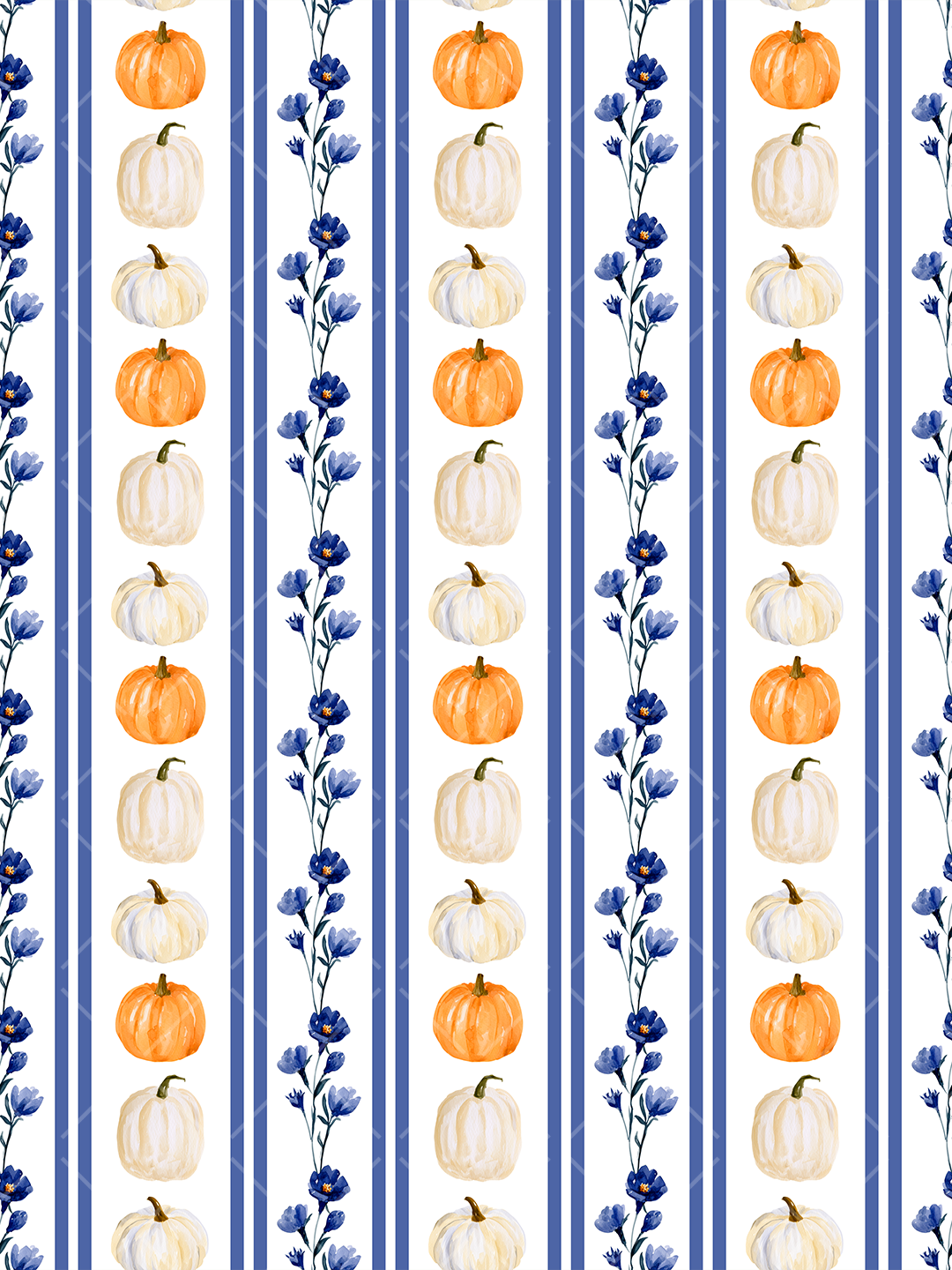 Watercolor seamless pattern with rows of orange and white pumpkins, blue floral vines, and blue stripes on a white background.