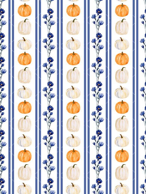 Watercolor seamless pattern with rows of orange and white pumpkins, blue floral vines, and blue stripes on a white background.