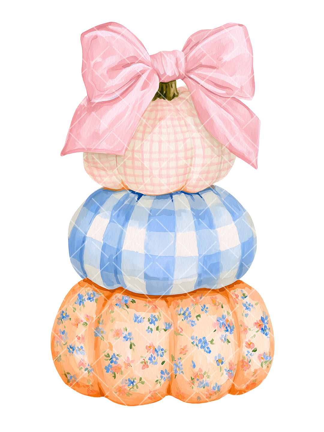 Preppy Stacked Pumpkins with Pink Bow Watercolor PNG