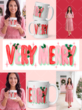Very Merry Christmas mug wrap with red and pink watercolor lettering, mint shadows, holly, pink berries, and starbursts shown with styled mug mockups.