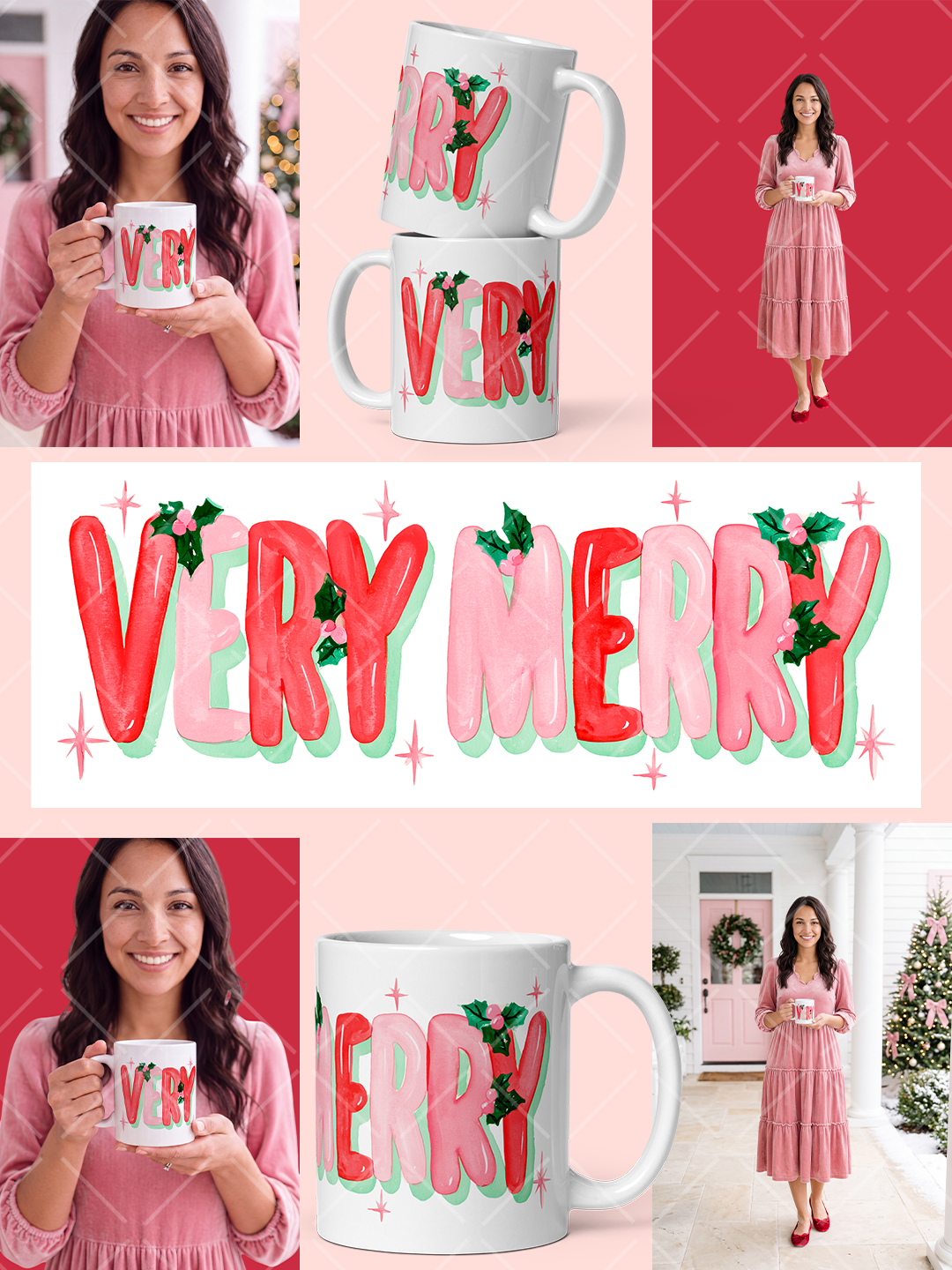 Very Merry Christmas mug wrap with red and pink watercolor lettering, mint shadows, holly, pink berries, and starbursts shown with styled mug mockups.