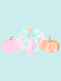 Watercolor illustration of three pink and orange pumpkins with a large pale blue bow on the center pumpkin, shown on a mint preview background.
