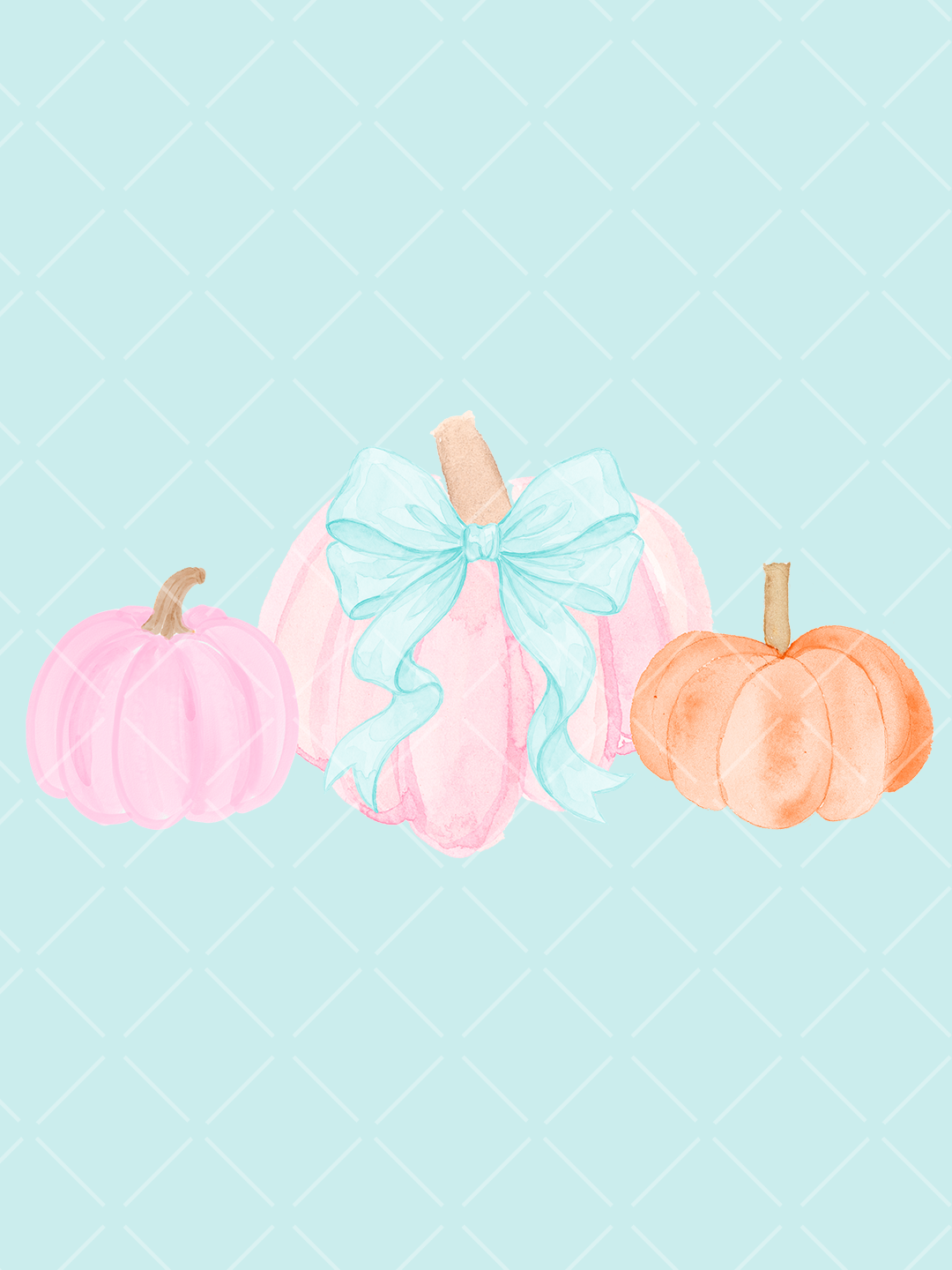 Watercolor illustration of three pink and orange pumpkins with a large pale blue bow on the center pumpkin, shown on a mint preview background.
