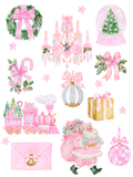 Pink watercolor Christmas clipart featuring Santa, bows, a wreath, chandelier, snow globe, train, ornaments, gifts, holly, and candy canes.