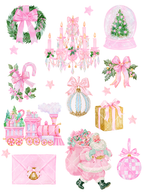 Pink watercolor Christmas clipart featuring Santa, bows, a wreath, chandelier, snow globe, train, ornaments, gifts, holly, and candy canes.