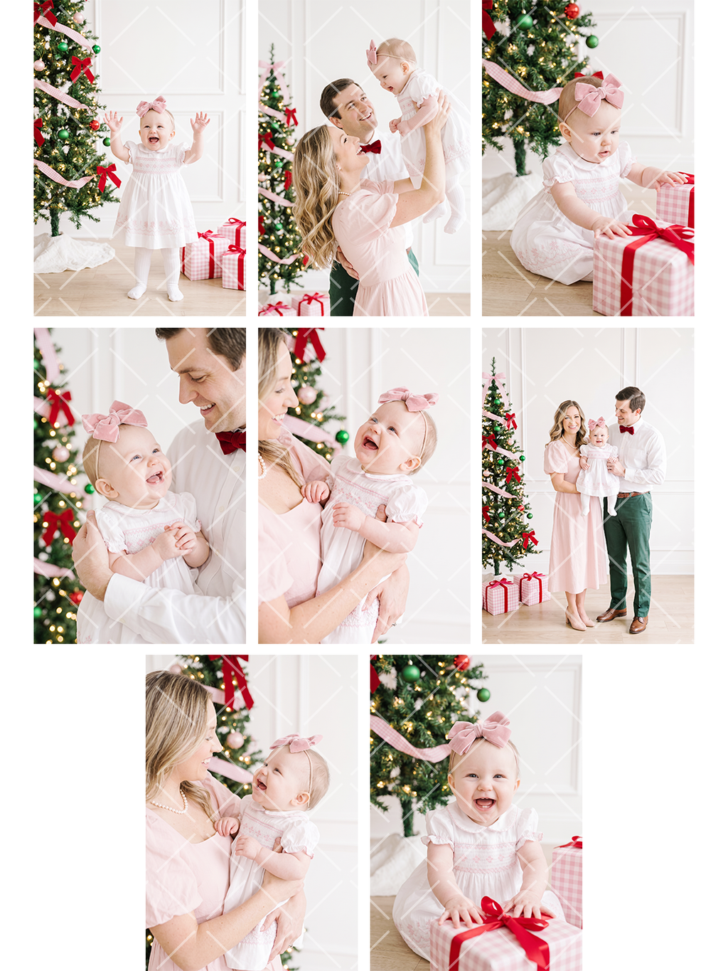 Collage of eight bright Christmas stock photos showing a mother, father, and baby girl beside a decorated tree with pink gingham gifts and red bows.